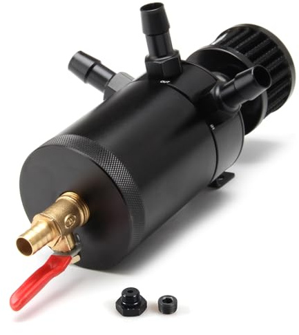 WENJTP Universal 150ml Car Oil Catch Can Kit Reservoir Tank, Compact Baffled 3-Port Oil Separator 2 Inlets 1 Outlet Black with Breather Filter + Drain Valve HTRACING