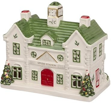 Spode Dolomite Christmas Collectible - Ceramic LED Lighted Miniature Christmas Village Set with Figural Decoration - Indoor Display