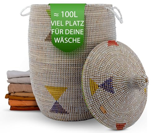 YAADU Cesto para la colada con tapa, 100 L, grande, con tapa, cesta para la colada trenzada, con asas, para ropa sucia, modelo Nubia (blanco y multicolor)