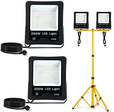 Froadp 2x200W Projecteur à LED Avec Trépied Lampe de Travail en Aluminium Avec Cordon D'alimentation 3m et Prise UE Projecteur de Chantier Avec Protection Contre la Foudre Etanche IP66 (Blanc Chaud)