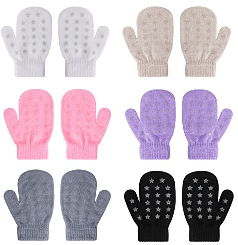 QKURT 6 Pares Guantes de Invierno Cálidos de Punto para Niños, Manoplas Elásticas para Bebés para Niños y Niñas Guantes de Punto Estrella de Cinco Puntas Adecuado para Edades de 1 a 3 años