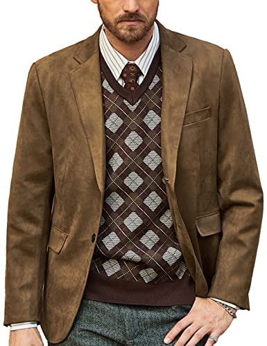 Mens Suede Sport Coat Jacket Single Breasted Lapel Collar Parties Blazer Jacket Coffee M