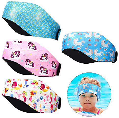 4pcs Swimming Headband for Kids, Adjustable Waterproof Swimming Ear Band Cute Ear Plugs Cartoon Swim Protection Earplugs Unicorn Mermaid Patterns Keep Water Out of Ears