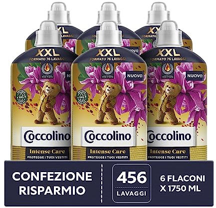 Coccolino Ammorbidente Concentrato Sandalo e Caprifoglio, Ammorbidente Lavatrice Intense Care con Tecnologia Pro-Fibre, Formato XXL Fino a 456 Lavaggi, 6 Pezzi da 1750 ml