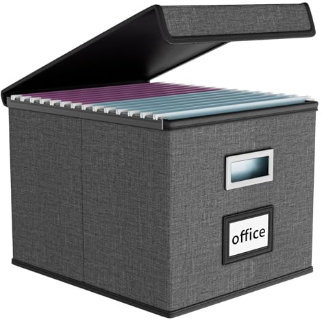 Finew Upgraded Portable File Organiser Box with Lid, Foldable Linen Hanging Filing Storage Boxes with Plastic Slide, Decorative Home/Office Filing System for File and Folders Storage (Dark Grey)
