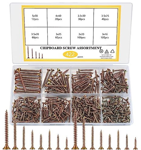 422 Stk Holzschrauben Set, M3 M3.5 M4 M5 Selbstschneidende Schrauben mit Senkkopfschrauben, Spanplattenschrauben Set, Universalschraube, Flachkopfschrauben für Türscharniere Reparaturen DIY Projekt