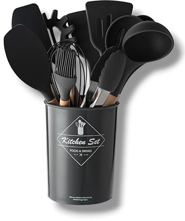 FlyHigh Premium 12-teiliges Küchenutensilien-Set - 100% BPA-frei, hitzebeständiges Silikon, Antihaftbeschichtung, Holz-Silikon-Griffe und Halter - Hochwertiges Silikon Spachtel-Set (Schwarz)