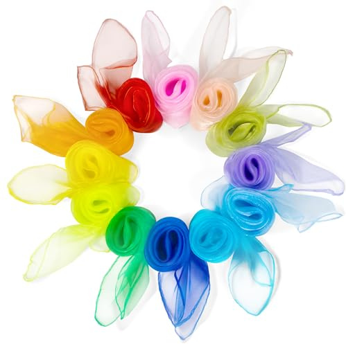 Novelty Place 12 Pcs Dance and Juggling Scarves - 12 Colors Silk Square Scarf with Hemmed Edges - Easy Clean Ideal Performance Props Accessories(24 x 24)
