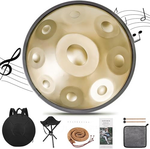 BIILOYY Handpan Drum 440HZ, 18 Zoll G Moll Steel Tongue Drum Gold Zungentrommel Hand Pan Instrument mit Drumsticks Trommelständer Handtasche