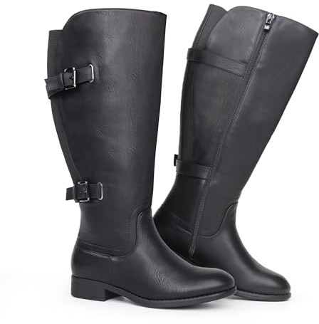 Chicblooms Botas clásicas de caña ancha con tacón plano y doble hebilla trasera elásticas para mujer