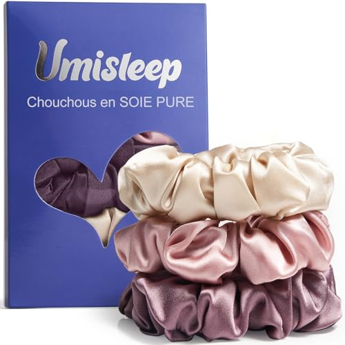 Umisleep Set di 3 scrunchies in seta al 100% per donne, morbidi elastici per capelli per meno crespi e rottura, elastici per capelli senza impronte (rosa+champagne+viola prugna)