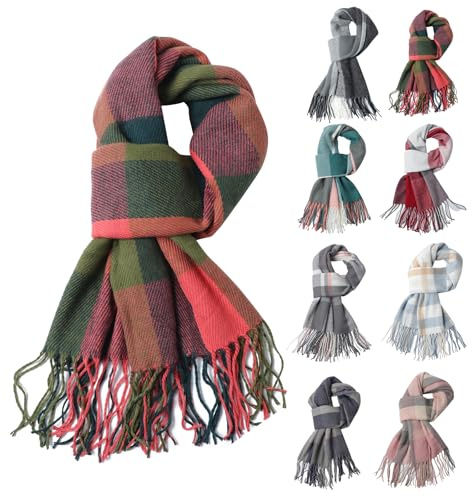 Fjquamitix Women Tartan Cashmere Scrarf, Ladies Scarves Wraps Winter Long Soft Warm Tassel Shawls Stole Gifts for Women (Blue + Green + Pink)