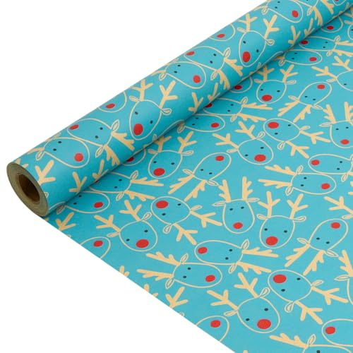 Papel Kraft para Envolver Regalos Navideños: Rollo de Papel Kraft Azul Cielo, Reciclable, con Cabeza de Reno para Navidad, Cumpleaños y Acción de Gracias - 43 cm x 15 m
