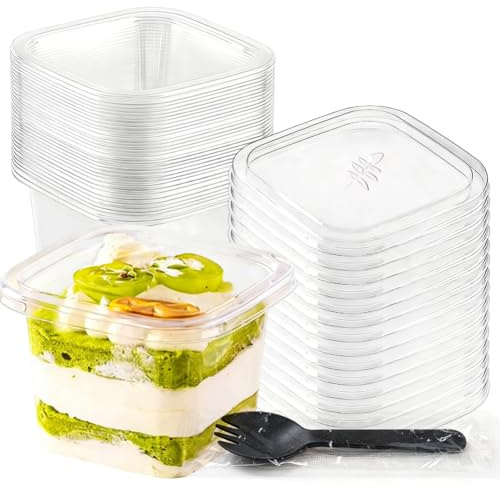 50 st rektangulära dessertglas i plast med lock, 360 ml transparent dessertglas med 50 skedar, återanvändbara, fyrkantiga dessertglas för dessert, mousse, tiramisu