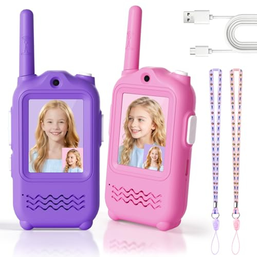 Kids Video Walkie Talkies, 2 Pack Long Range Rechargeable Walkie-Talkie for Kids Toys for Girls for Indoor, Camping, Travel, Christmas Birthday Gifts for Boys Girls Age 3 4 5 6 7 8 (Pink&Purple)