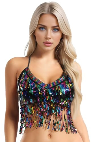 MUNAFIE Glitter Top Festival Night Club Sparkly Sequin Halter Neck Bra Tops Party Rave Outfits Crop Tops for Women Multi-Black