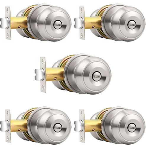 Probrico Brushed Nickel Bed/Bath Knobs Keyless Privacy Interior Doors Locksets, 5 Pack