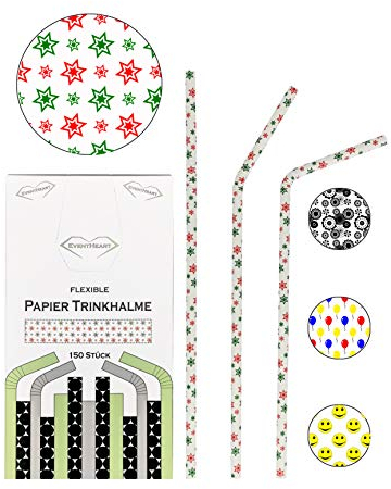 EventHeart - 150 Stück flexible Papier Trinkhalme Sterne, 24cm lang, biologisch abbaubare Strohhalme