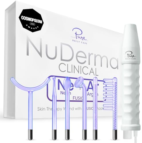 NuDerma Clinical Therapy Wand - Portable Handheld High Frequency Machine With 6 FUSION Neon + Argon Wands - Natural Acne Treatment, Skin Tightening, Wrinkle Reducing for Facial Care