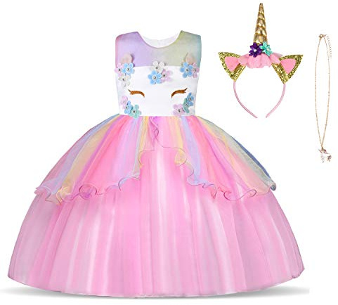 URAQT Ragazza Vestito Unicorno, Ruffles Fiori Festa Cosplay Abito da Sposa Carnevale Ballo Abito Festa di Compleanno Vestito della Principessa per Bambine,120CM