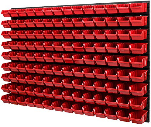 Wandregal Stapelboxen - 1152 x 780 mm - 126 tlg. Boxen Lagersystem Werkzeuglochwand Schüttenregal (Rot)