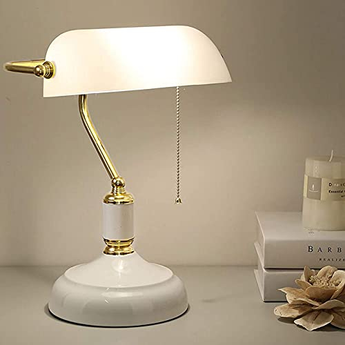 LANMOU Retro Tischlampe Traditionelle Bankerlampe, E27 Nachttischlampe mit Glaslampenschirm und Zugschalter, Deko Büro Schreibtischlampe Vintage Bankers Licht für Arbeitszimmer, Weiß