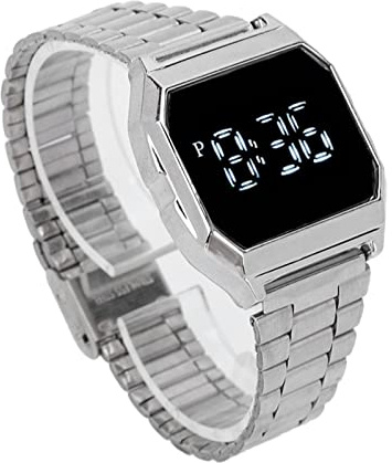 Fockety Digital Sports Watch, Stainless Steel Strap, Touch Screen, Multifunctional, Water Resistant, Men's Rectangle Watch, 8086 Model