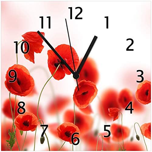 Wallario Design-Wanduhr Leuchtende Mohnblumen - Rote Mohnblumenblüten aus Glas, Motiv-Uhr Größe 30 x 30 cm, Schwarze Zeiger