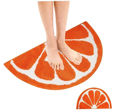 Orangefarbene Badematte halbrunder Badevorleger 39,9x59,9 cm weicher halbkreisförmiger Zitronen Badevorleger rutschfest saugfähig süßer Obstteppich willkommene Fußmatte für Schlafzimmer Heimdekoration
