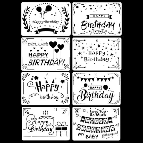 QZKJQDD 8 Stück Geburtstag Schablonen, Malschablonen, Textilgestaltung, Wiederverwendbare Happy Birthday-Malvorlage (12,7cm x 17,8cm)