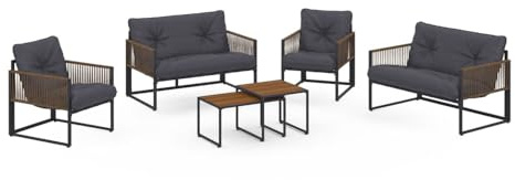 IDMarket - Niedrige Gartenmöbel Rio 6-Sitzer Metallgestell anthrazitgrau, Tauwerk in Rattanoptik mit grauen Kissen