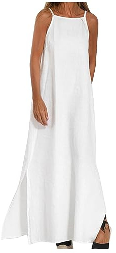 OVARA Vestido de verano sin mangas para mujer con tirantes espagueti de algodón y lino, vestidos maxi de corte clásico, elegante, casual, liso, vestido de sol con abertura lateral