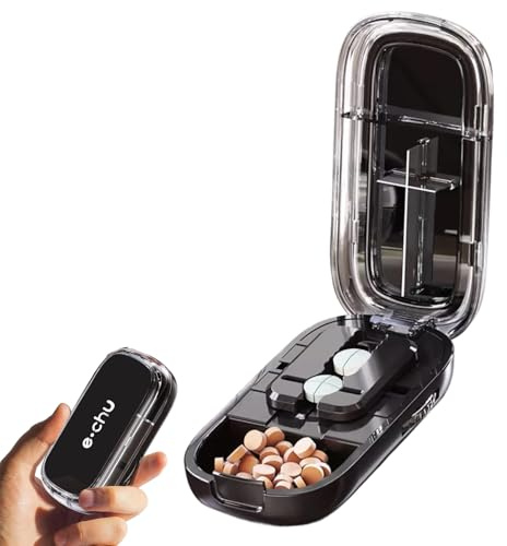 Tablettenteiler, Tragbar Pill Cutter, Tablettenteiler für Kleine Tabletten, 1/2 Unterteilt, 1/4 unterteilt Multifunktionaler Medizinschneider, Tablettenschneider mit Aufbewahrungsfach (Schwarz)