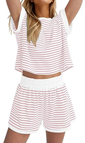 Famulily Women's Striped Pyjamas Set Summer Soft Loungewear Tops and Shorts Co ord Sets with Pockets