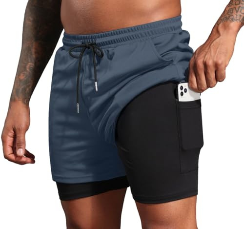 PrinStory Pantalones cortos deportivos de verano para hombre, pantalones cortos de deporte, pantalones cortos de entrenamiento para hombre, pantalones cortos para correr con bolsillos integrados, azul