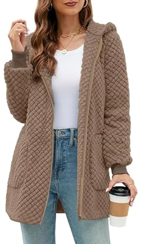 ABINGOO Giacca Felpa Peluche con Cappuccio Donna Cappotto Invernale in Pile Mantello Caldo Morbido con Cerniera e Tasche Felpa(Kaki,S)