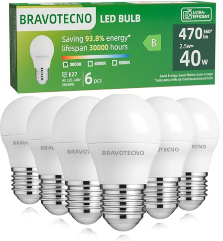 bravotecno Ampoule E27 LED, Classe Énergétique B, Ampoule E27 Blanc Chaud 3000K, 2,5W 470LM G45, Équivalent à 40W, Angle de Faisceau 360°, Non-Dimmable, Chaleur Faible & Durable, Lot de 6