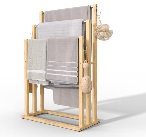 VOUNOT® Toallero de Pie Bambú 3 Niveles Toallero Escalera con 3 Barras y Ganchos para Colgar Toallas Portatoallas Múltiple Triple 45x21x82cm Soporte y Estante de Secado Toallas para Baño Aseo Lavadero