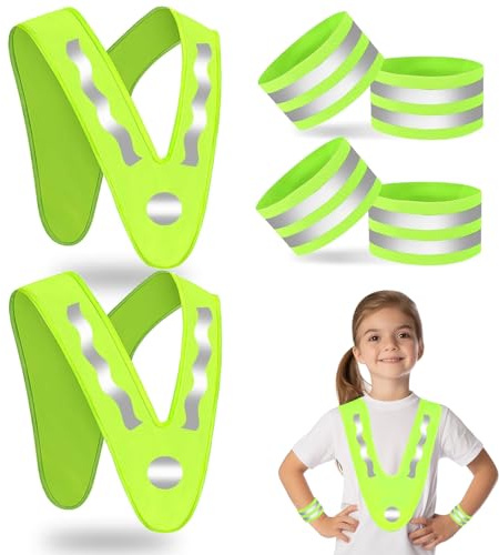 Foonary 2pcs Chaleco de alta visibilidad infantil,chaleco reflectante en forma de V con banda reflectante, verde,chaqueta reflectante para niños de 3 a 12 años, ideal para deportes, correr y ciclismo