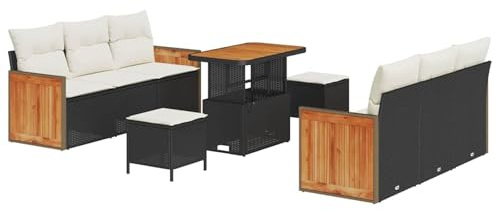 Gecheer Set Divano da Giardino 9 pezzi, nero e crema, polyrattan di alta qualità, con stoccaggio intelligente, per relax e socializzazione
