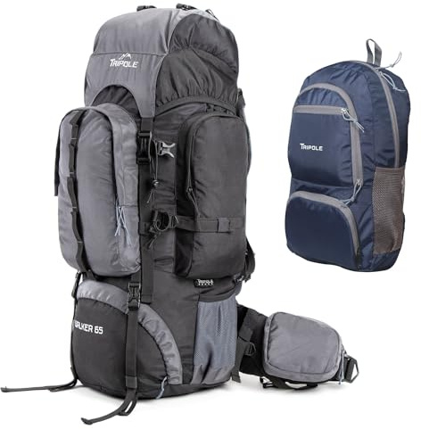 Tripole Walker Zaino Trekking 65 Litri per Uomo e Donna con Telaio Interno e Parapioggia + Zaino Giornaliero 20L – Zaino con Scomparto Laptop 17, Zaino da Campeggio e Viaggio, Nero