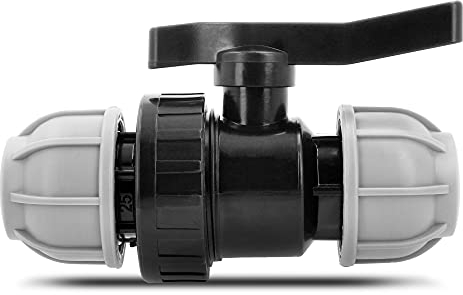 BRADAS®, rubinetto a sfera in polietilene, 2 vani 20 mm x 20 mm, valvola a morsetto PN 10 bar, valvola a sfera di intercettazione con raccordo ad anello di bloccaggio su entrambi i lati, per tubi in