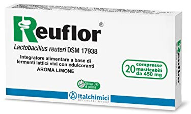 Reuflor® 20 compresse| Integratore Alimentare Probiotico a base di Fermenti Lattici vivi| Favorisce l’equilibrio della Flora Intestinale | Aroma limone | 20 compresse masticabili da 450 mg