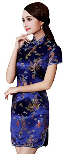 XueXian Women's Dragon Phoenix Satin Brocade Qipao Cheongsam Short Sleeve Chinese Dresses Thigh Length (18, Navy Blue)
