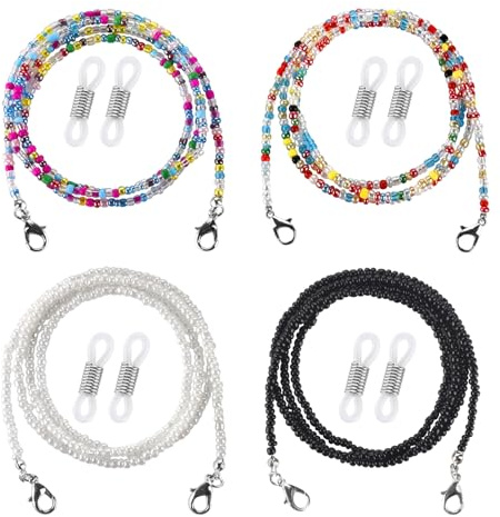 Herain Eyeglass Chain Women Men, Beaded Glasses Strap Holders Around Neck Chain, 4 Pcs 2 mm Beaded Sunglasses Chains Mask Chains