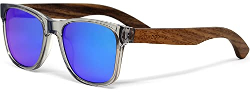 Sonnenbrille Damen & Herren Holz | Premium Walnussholzbügel Transparenter Acetatrahmen | Holzbrille UV400 Polarisiert Gläser | Damen & Herren Sonnenbrille UV Schutz | (blau)