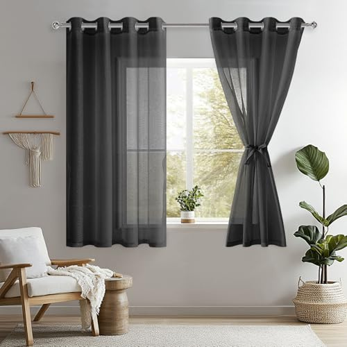 DWCN 2er Voile Gardinen Halbtransparent Kurz mit Ösen für Schlafzimmer Vorhang Halbtransparent, Schwarz, 145x140cm(HxB)