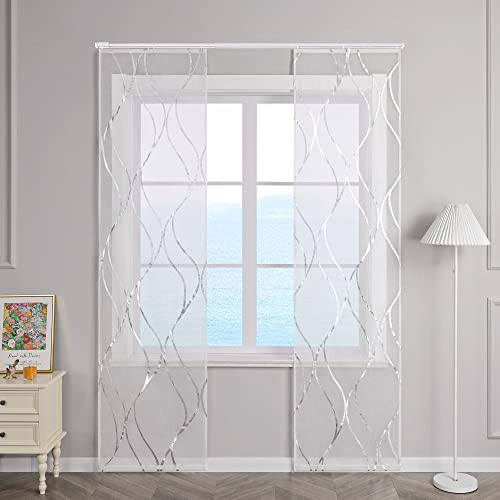 ESLIR Schiebegardinen Set 2er Flächenvorhänge Voile Gardinen mit Klettband Schiebevorhang Transparent Wohnzimmer Modern mit Wellen Muster Silber #1 BxH 57x145cm 2 Stück