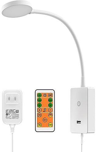 PRINCEWAY LED Wall Mount Light with Remote Control for Reading Books in Bed, White Flexible Bedside Reading Lamp for Bedroom, Stepless Dimmable, 3X Lighting Colors, Timer Auto Off, 5V2A USB Output