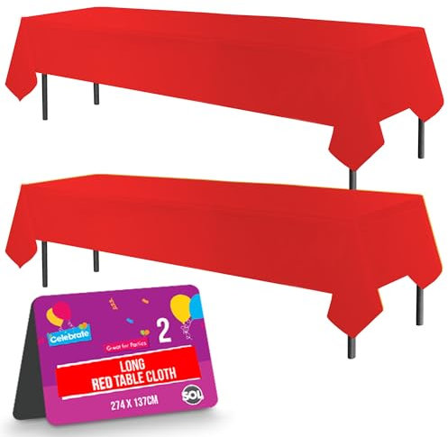SOL 2pk Long Red Table Cloth Party 274x137cm Plastic Cover Disposable Tablecloths for Parties - Spill Protection - Great for Weddings, Buffets, Catering, Restaurants, Outdoor Events & Celebrations